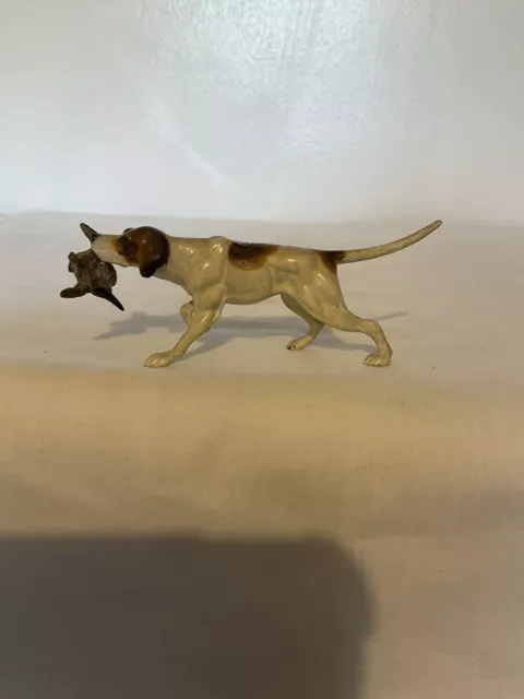 Antique Cold Painted Bronze Miniature Foxhound With Bird In Mouth