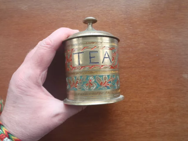 Antique Brass Engraved Tea Caddy with lid.  Made in India.