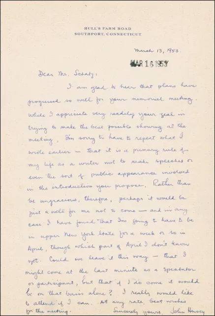 John Hersey - Autograph Letter Signed 03/13/1953