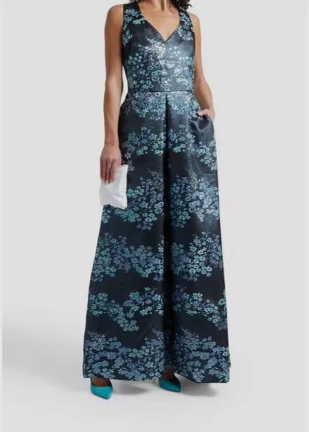 $1295 Theia Women's Blue Sequin Metallic Floral Jacquard Gown Dress Size 4