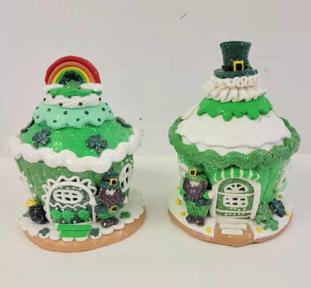 2 St Patricks Day Lighted GINGERBREAD CUPCAKE HOUSE Leprechaun Valerie Parr Hill