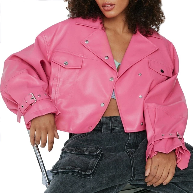 Women's Cropped Leather Biker Jacket Pink Short Cropped Motorcycle Jacket
