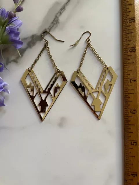 Gold Tone Tribal Southwestern Style Triangle V Shaped Dangle Hook Earrings