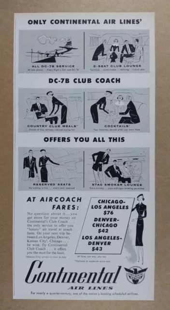 1957 Continental Airlines DC-7B Club Coach Service vintage print Ad