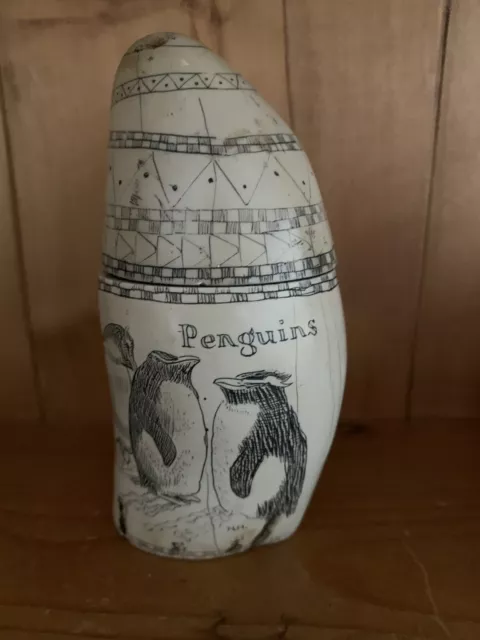 Faux Sperm Whale Tooth. Ship, Penguins  Scrimshaw Opens for Storage Resin