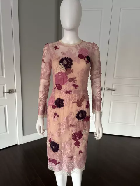 DOLCE & GABBANA Vintage Pink Floral Appliqué Lace Knee Length Dress 36/0