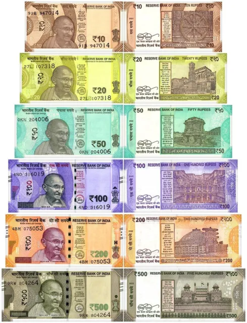 India 10-500 Rupees 6 Pieces Set, 2020-2023, P-109-114, UNC
