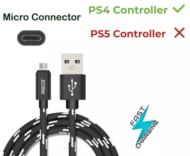 3 Pack Micro USB FAST Charger Cable - PlayStation4 Slim PS4 Dualshock Controller 2