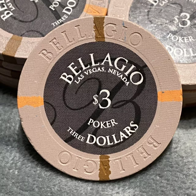 Current $3 Three Dollar Poker Gaming Chip Bellagio Hotel Casino Las Vegas Nevada