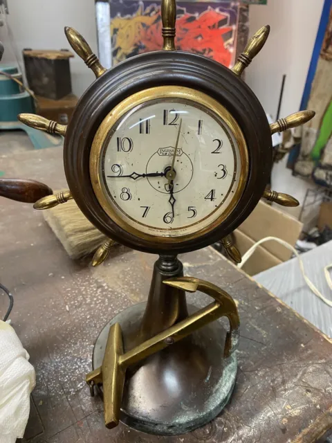 Vintage Ingraham & Telechron Brass Nautical Maritime Ship Wheel Clocks