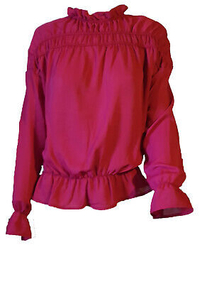 Camicia Camicetta Blusa Donna Manica Volant Arricciatura Vita Rosso Chiffon Tg M