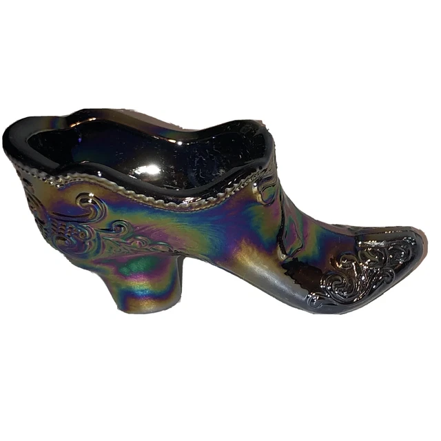 Vtg Mosser Black Iridescent Victorian Slipper Carnival Glass Shoe Nice