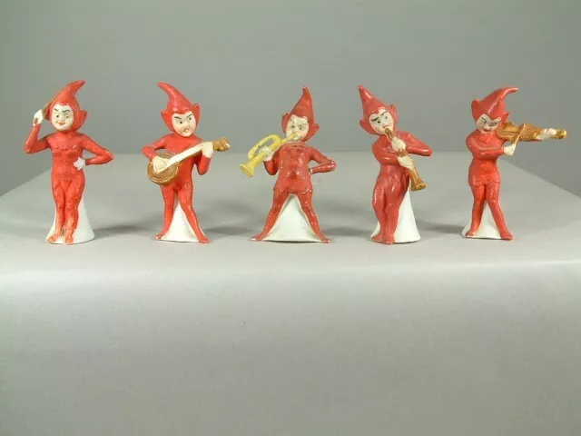 5 Piece German Antique Snow Baby Red Elf Band Bisque Good Quality 2.75" Tall WOW