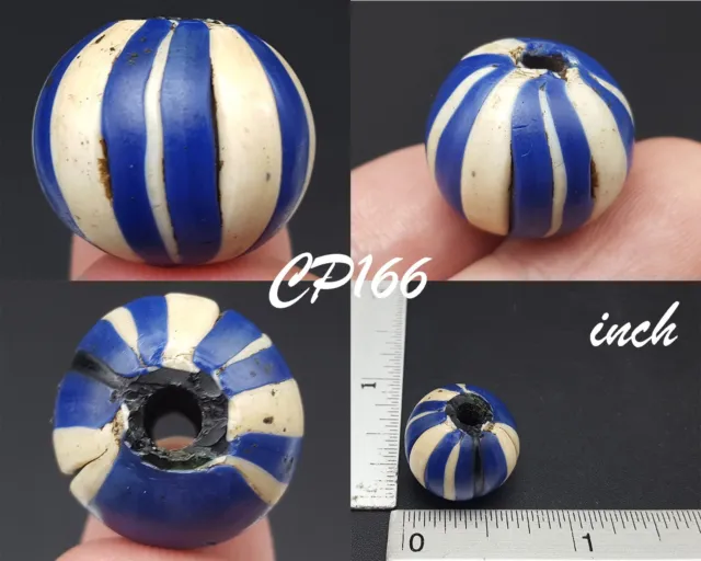 Vintage Ethnic Tribal Blue & White Stripe Glass Bead Decorated #CP166a
