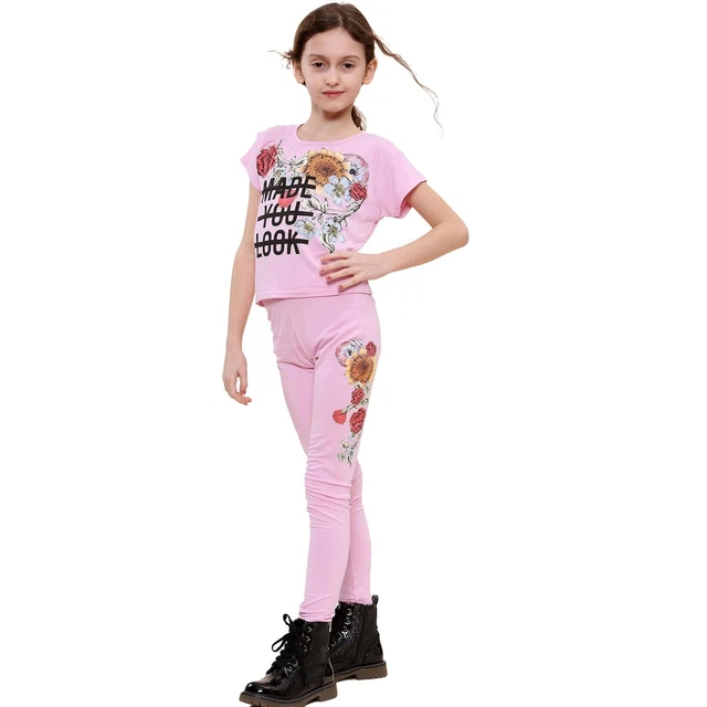 Bambini Top Maniche Corte Fatto You Look Stampa Rosa Confetto Legging Set