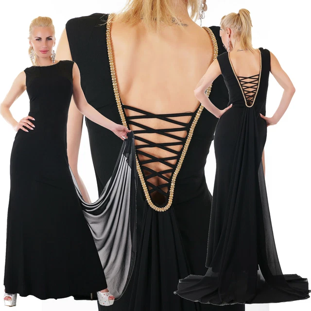 Abito lungo donna vestito strascico gioiello strass cerimonia elegante sera nuov
