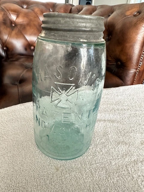 Rare Vintage Mason’s Hero Maltese Cross Patent Nov 30th 1858 Aqua Jar Zinc Lid