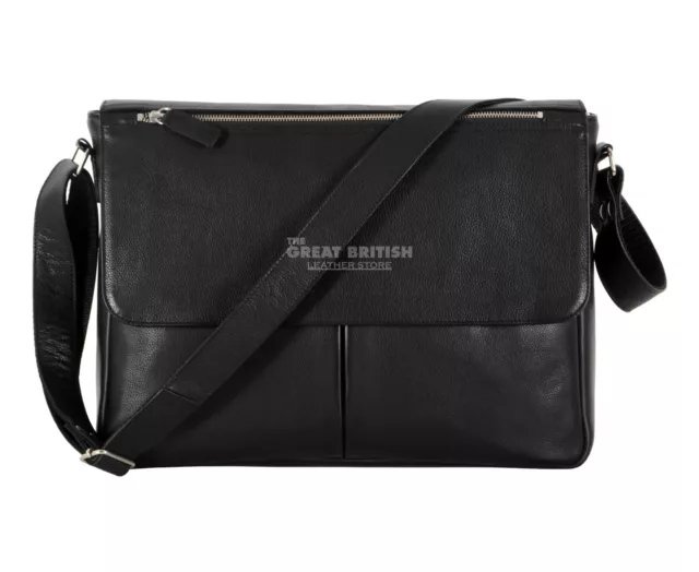Laptop Messenger Bag Black Cowhide Leather Briefcase Shoulder Office Travel Bag