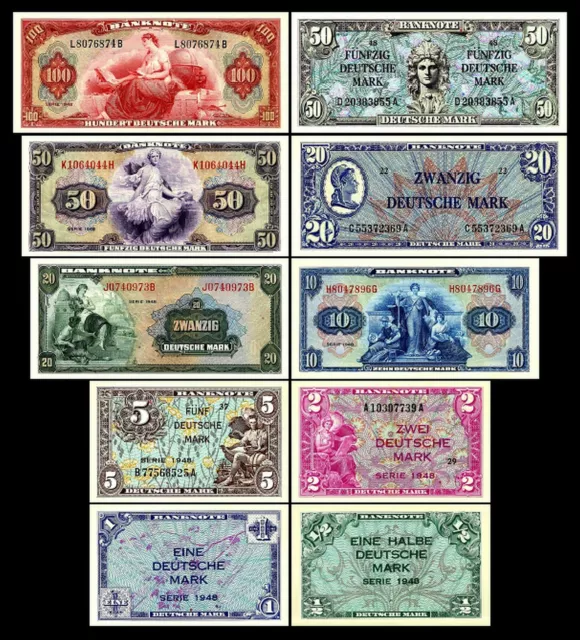 5Pf,10Pf,1/2,1,2,5,10,20,50,100 Deutsche Mark 1948 - 2 Sätze - Reproduktion 2