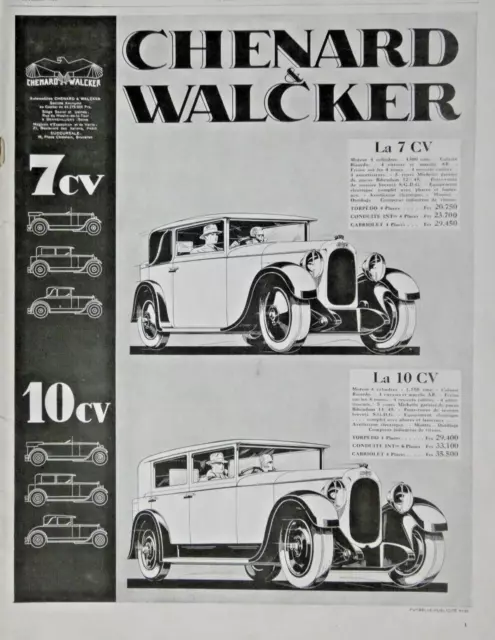 Publicité De Presse 1928 Automobiles Torpédo Chenard & Walcker La 7 Et 10 Cv