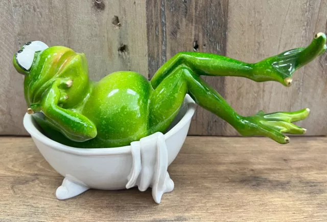Frog In Bathtub Resin Figurine 7" x 4.5"