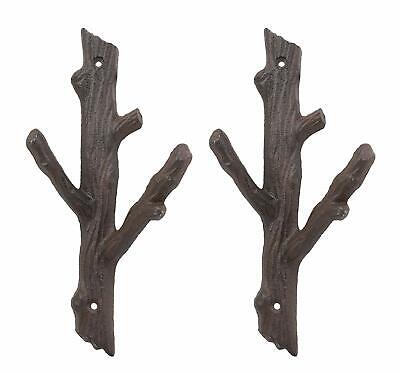 Cast Iron Rustic Country Tree Branches Twigs Wall Hanger 2 Pegs Hooks Set Of 2