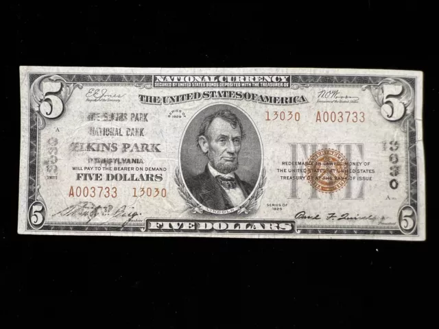 1929 $5 Five Dollar Elkins Park PA National Bank Note Currency (Ch. 3030) Type 2