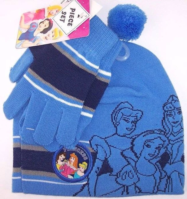 NWT Disney Princess Girl's Blue Knit Cap Beanie & Gloves Set, 4-6