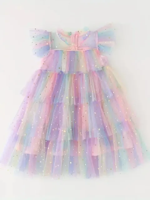 Girls Ruffle Trim Sequin Stars Moon Colorful Mesh Layered Hem Princess Dress