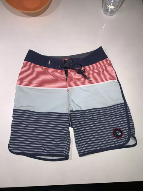 QUIKSILVER Boys Size 26/12 Striped Highline Surf Board Bathing Swim Suit Shorts