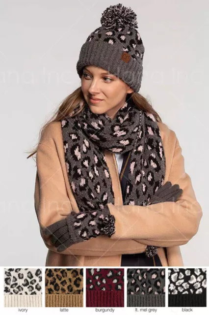 C.C 3pc Women Trendy Animal Leopard Jacquard Knit Beanie Gloves and Scarves Set