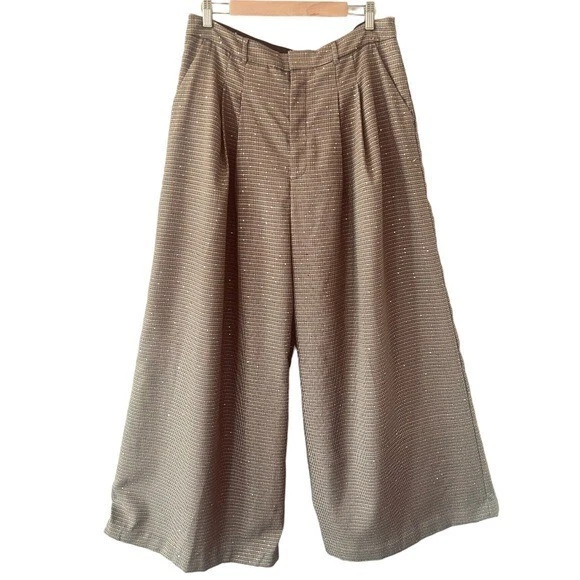 ANTHROPOLOGIE Maeve Pleated Wide Leg High Rise Houndstooth Trousers Size 16 $160