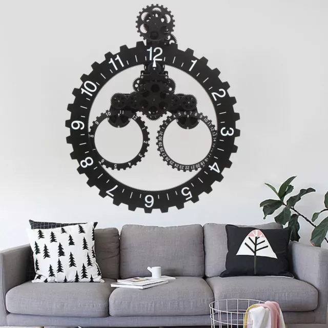 Large Mechanical Moving Gear Clock Black Metal Gear Wall Clock Calendar Wheel