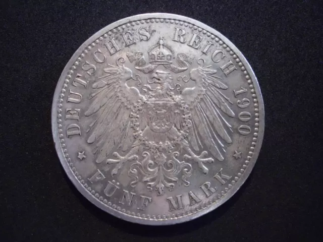 Preußen:  5 Mark 1900 A , Wilhelm II., Jg. 104, vorzüglich, Silber 900 2