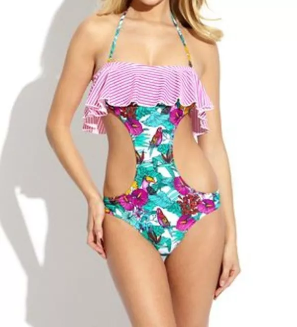 RAISINS South Beach SWIMWEAR Ruffled STRIPE Floral MONOKINI Pink