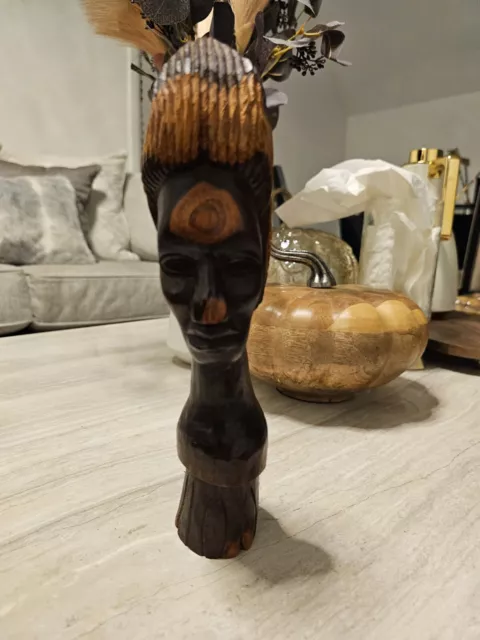 Hand Carved African Woman Lady Ebony Wood Sculpture Statue Bust Tribal