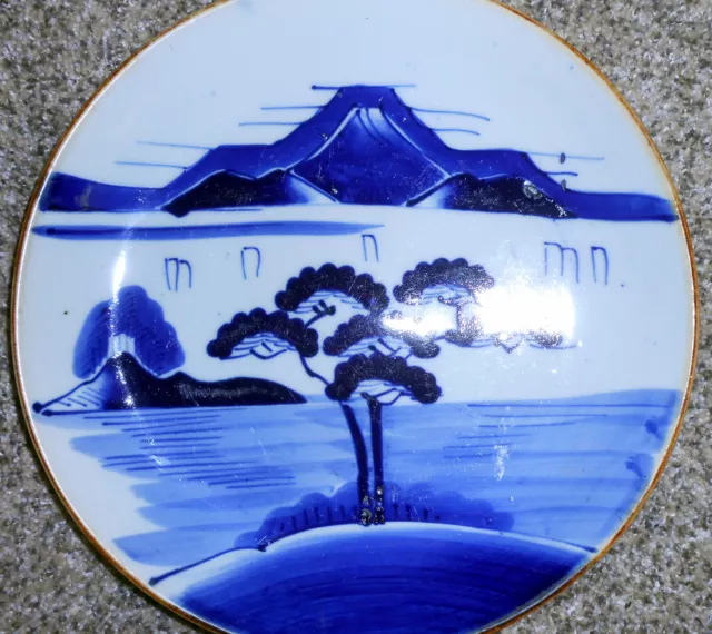 11 inch Japanese blue and white plate with brown rim
