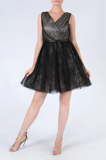 Robe Cocktail Virginie Et Moi Noir Avec Fleurs Grises 3D - Taille S - Satin Stretch - Comme Neuve