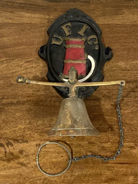 Antique Vtg. Cast Iron & Brass UFIC United Fireman Insurance Co. Wall Mount Bell