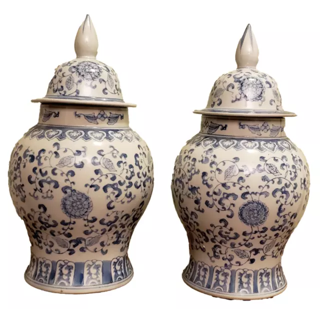 Vtg 18"inch Pair Blue and White Chinese Temple Jars Ginger Flower Chinoiserie