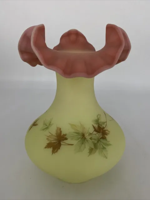 Fenton Autumn Leaves Burmese Glass Vase Ruffled Rim 7.25” Uranium