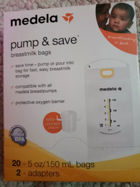 2 Medela Pump & Save Breastmilk Storage Bags 20 ct with 2 Easy Connect Adapters