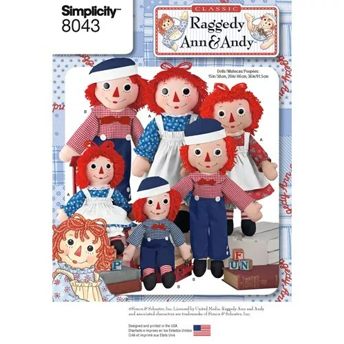 Simplicity Sewing Pattern 8043 Soft Stuffed Raggedy Ann and Andy Dolls 3 sizes
