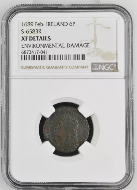 Ireland Gun Money James II Sixpence 1689 Feb - NGC XF Details