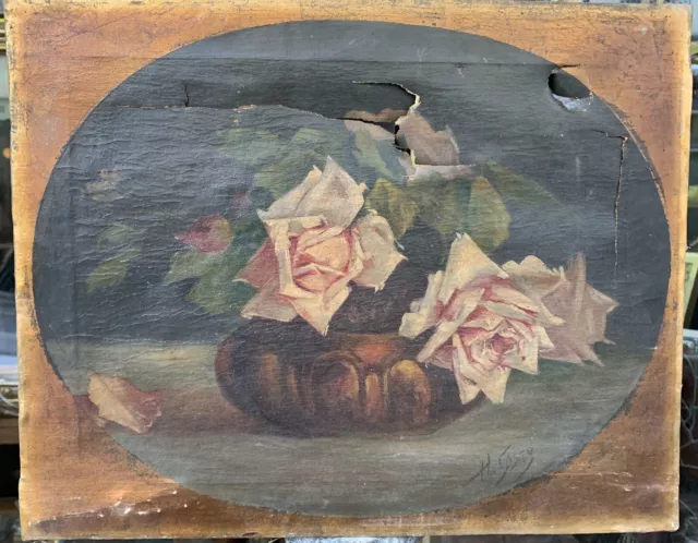 Tableau Ancien Huile Par H Caty Fleurs Roses A restaurer XIXème Siècle #2