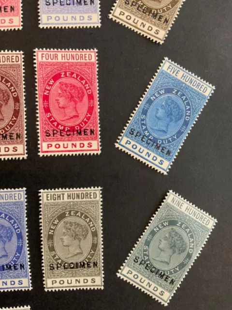1882 New Zealand Stamp Duty, QV  7/- to £5000 21 stamps SPECIMEN essay. 3