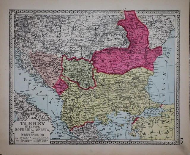 1885 Tunison Atlas Map ~ TURKEY in EUROPE, ROUMANIA, SERVIA ~ (11x14) ~ Free S&H