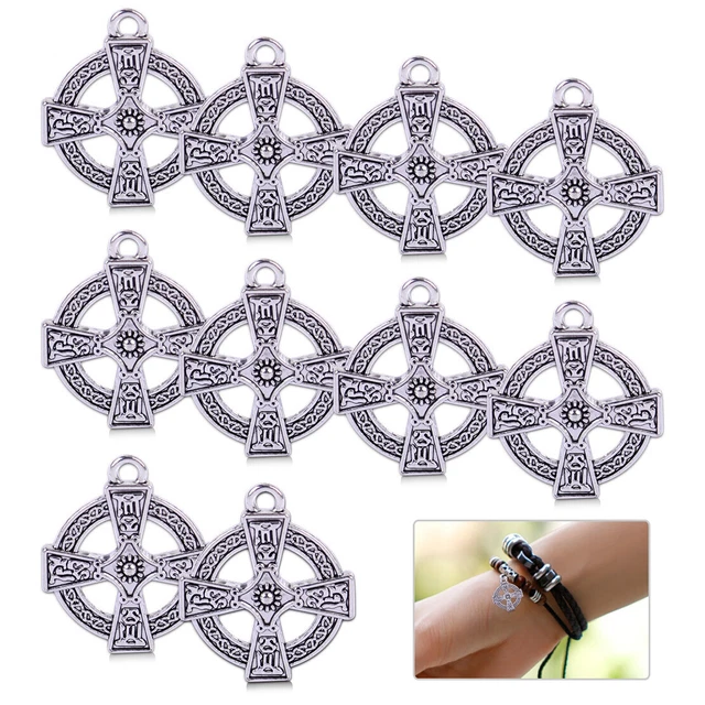 10x Antique Silver Tone Round Cross Pendant Necklace Charms Crafts Findings New