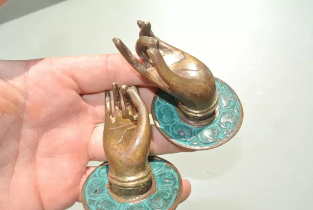 4 small green handle hand solid brass door old style knob hook 5.8 cm buddha B 2