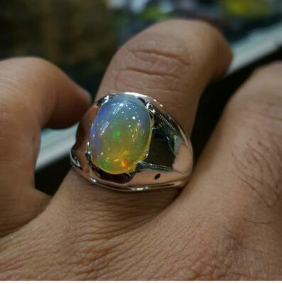 APS Opale Naturelle Pierre Précieuse Avec 925 Bague en Argent pour Hommes #AP477 